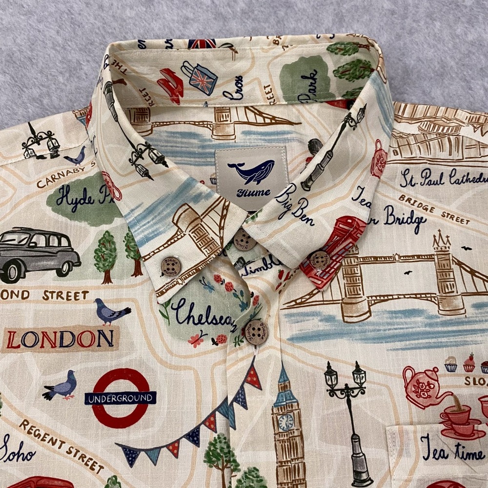 Yiume Shirt Mens XXL Hawaiian London Map Cotton Short Sleeve Button Down - Picture 2 of 9